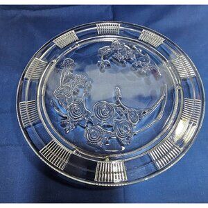Clear Glass Etched Rose Design Footed Cake Plate Pattern 11.25 ", Vintage